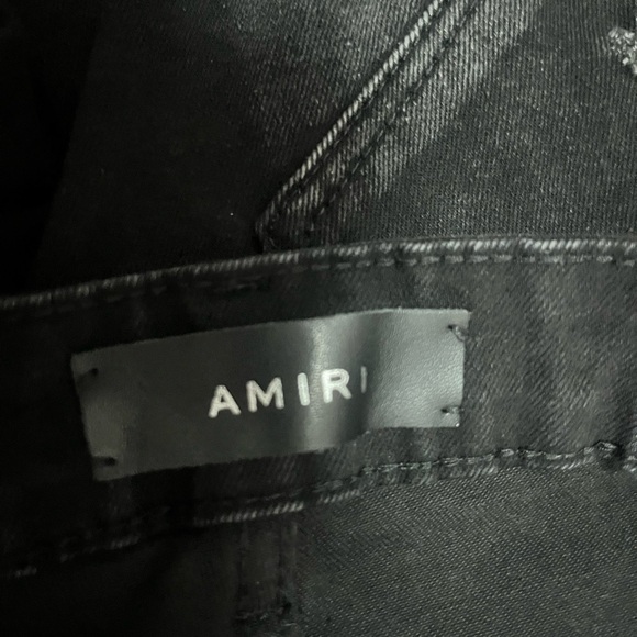 AMIRI Black Distressed Skinny Jeans with White Lettering - Picture 4 of 6
